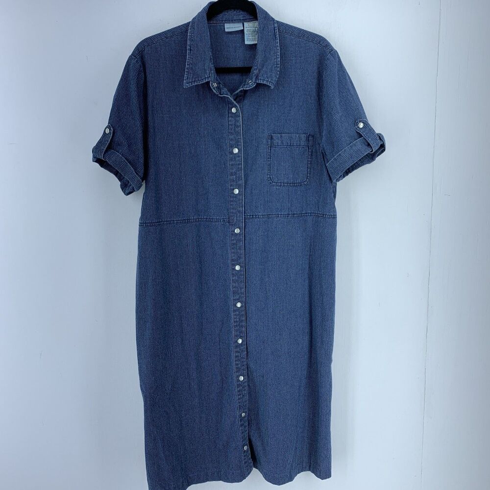 White Stag Womens XL Pearl Snap Denim Shirt Dress Blue White Check Midi WS518413 - Picture 1 of 9